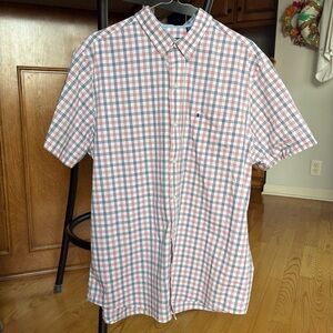 Izod Non-iron Stretch Shirt Red White Blue Short Sleeved Button Up Mens Size Lg